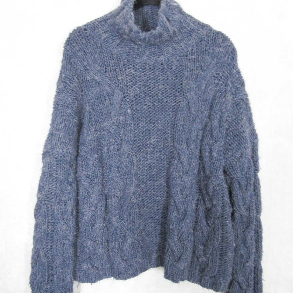 Something Navy Wool Blend Sweater Small Womens Blue Chunky Cable Knit Mock Neck - Picture 3 of 11